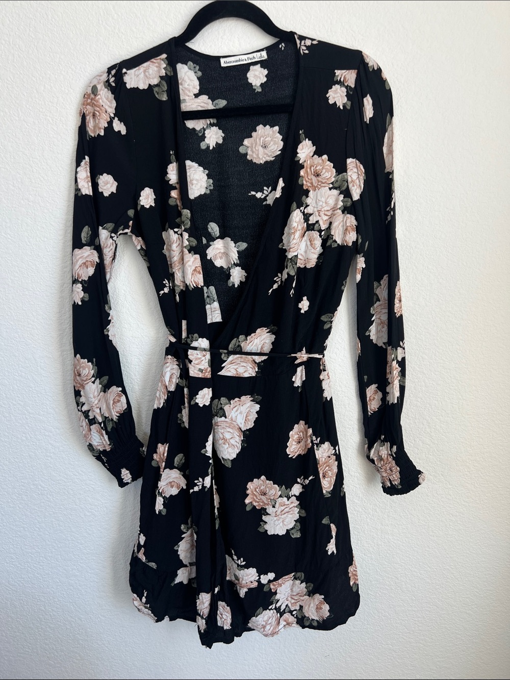 Abercrombie & Fitch Black Floral Wrap Dress with Blush Accents - Picture 2 of 4